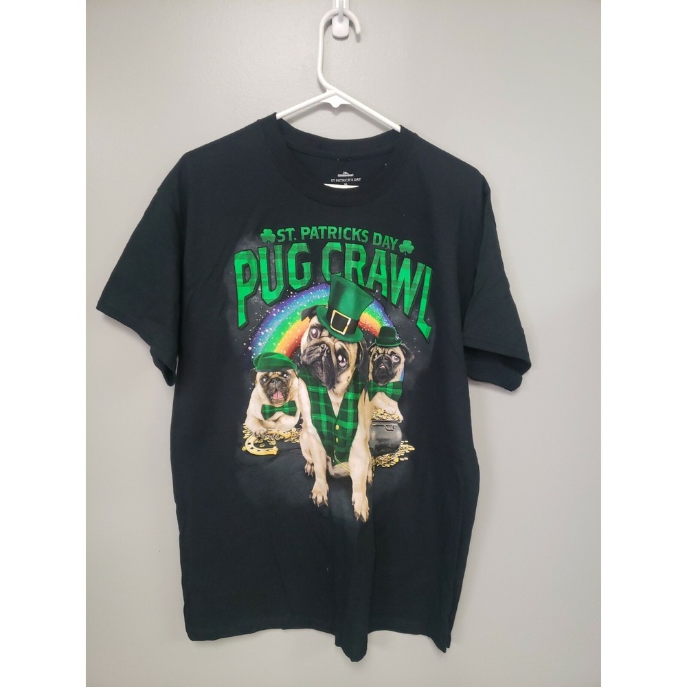 St. Patrick's Day Men's Black T Shirt Pug Crawl Size XL